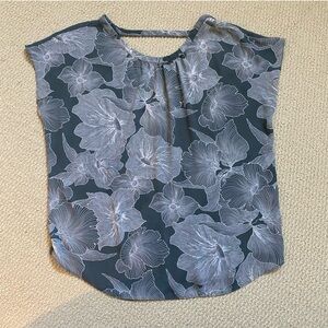 LOFT Dusty Blue Boxy Blouse with Blue and White Floral Design